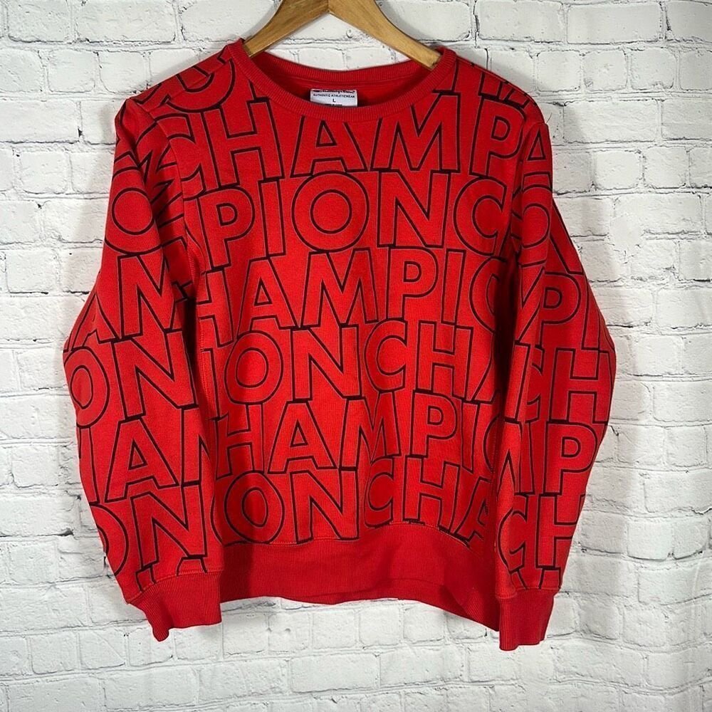 Champion Authentic Athleticwear Red All over Print Champion Spellout Sweatshirt